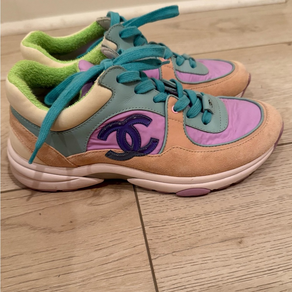 CHANEL Pastel Sneakers with Teal and Purple Accents - Picture 3 of 7